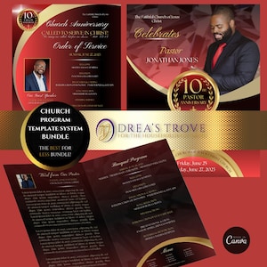 CANVA Church Anniversary Bundle | Program and Flyer | Red, Black & Gold | Canva Template | Editable Color Guide
