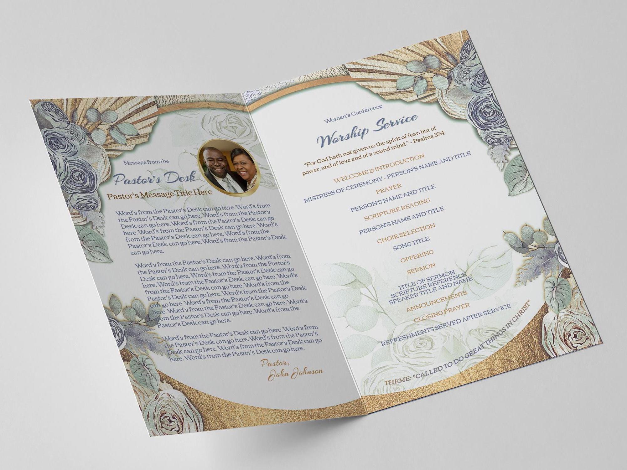 Blue & Gold Church Program Template | Editable Bifold (8.5x11) - Etsy