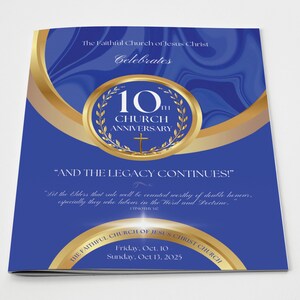 CANVA Church Anniversary Program Template | Royal Blue and Gold | Size: 17x11 / Folds to 8.5.x11 | 8 page Booklet | Editable Color Guide