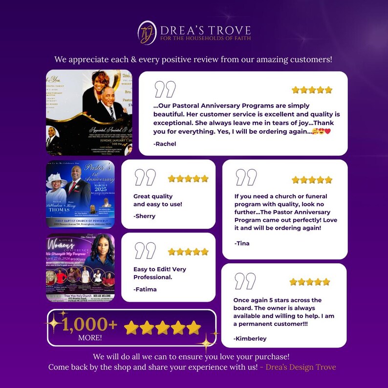 Puede incluir: Un collage de rese&ntilde;as de clientes para un negocio llamado "Drea's Trove" para los hogares de fe. Las rese&ntilde;as son todas positivas e incluyen calificaciones de cinco estrellas. Las rese&ntilde;as destacan la calidad y la facilidad de uso de los productos, as&iacute; como la excelente atenci&oacute;n al cliente. El texto "1,000+ MORE!" se muestra en la parte inferior de la imagen.