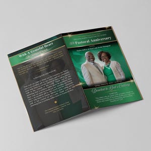 May include: A brochure for the 5th Pastoral Anniversary of The Faithful Church. The cover features a photo of Pastor Jeffrey and First Lady Karla Thompson. The brochure has a green and gold colour scheme with text that reads "Devoted to God's Calling."