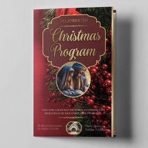 Christmas Church Program Template - Editable in Canva | Size: 8.5x11 - Folded-8.5x5.5 | One Sheet | Burgundy