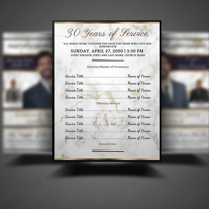 May include: A white and gold marble-patterned program for a 30-year service celebration. The program includes the date, time, and guest speaker information. It also lists the service titles and names of the people who will be participating in the ceremony.