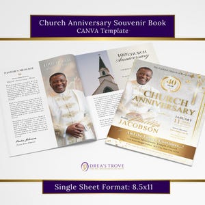May include: A Church Anniversary Souvenir Book Canva template. The open book displays a pastor's message, church photos, and the text "100 Church Anniversary." The cover features a photo of a man and the text "Church Anniversary."