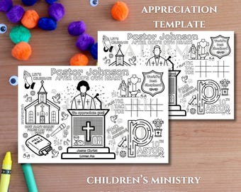 Pastor Anniversary Childrens Ministry | Coloring Worksheet Placemat | Kids Church Editable Template | Christian Activity Color Appreciation