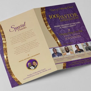 CORJL Editable Church Service Program | Church Anniversary Template | Editable | Purple Grace Gold | Size: 11x8.5 Folded-8.5x5.5 | 4 page