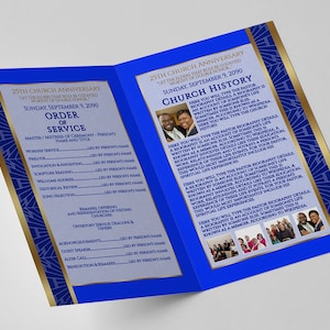 May include: A blue and gold church anniversary program with a photo of a couple on the front cover. The program includes the order of service, a church history, and a biography of the pastor. The text on the program reads "25th Church Anniversary Let the Elders that Rule well be counted worthy of double honor."  Sunday, September 9, 2090.