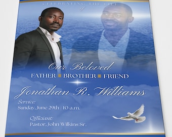 May include: A blue and white memorial service program with a photo of a man and a dove flying in the sky. The text reads "Celebrating the Life of Our Beloved Father Brother Friend Jonathan R. Williams Service: Sunday, June 29th | 10 a.m. Officiant: Pastor, John Wilkins Sr."