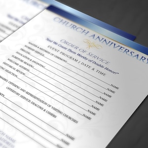 May include: A white and blue church anniversary programme order of service with gold accents. The programme includes the event programme, date and time, master and mistress of ceremony, worship service, prelude, invocation and anointing, scripture reading, welcome address, historical review, song selection, remarks, offering and representation of visiting churches, offertory service, acknowledgements, guest speaker, altar call, dedication and remarks.