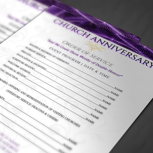 May include: A white church anniversary program order of service template with a purple and gold design. The text reads "And We Count Them Worthy of Double Honor!" and includes a list of event program items.