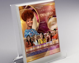 May include: A flyer for a women's ministry event called "Ladies Living in Our Destiny!" The event is hosted by Co-Pastor Lily Tailor and will take place on September 25th and 28th at the Church of Our Lord Jesus Christ. The flyer features a photo of a woman with curly hair and a colorful dress, along with other women.