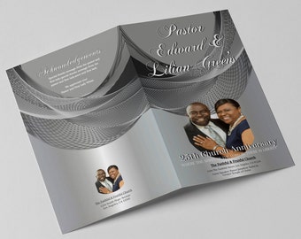 Church / Pastoral Anniversary Program Template | Editable in Corjl | Ribboned Classic Gray | Print Size: 8.5x11 | 4 Pages