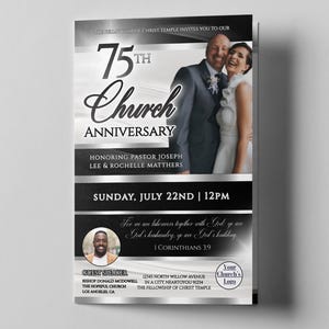 以下が含まれることがあります： 75 周年記念の教会のチラシで、「75 周年記念」の文字が入っています。 夫婦とイベントの詳細が掲載されており、日付は 7 月 22 日日曜日午後 12 時です。ジョセフ・リー牧師とロシェル・マシューズを称えています。