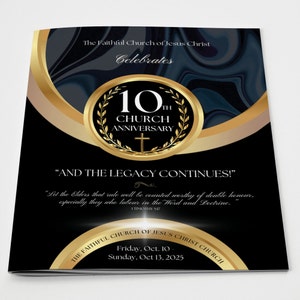 CANVA Church Anniversary Program | Canva Template | Black & Gold | Size: 11x17 / Folds to 8.5.x11 | 8 page Booklet | Editable Color Guide