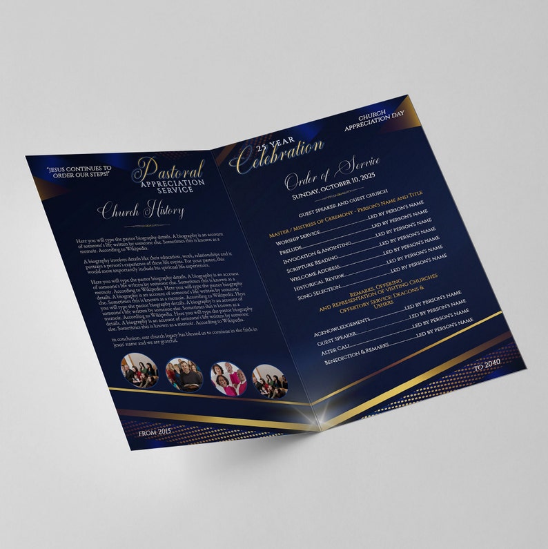 Blue & Gold Pastor Appreciation Program Template (digital Download) - Etsy