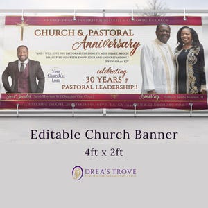 CORJL Church Anniversary Banner Template | Pastor Appreciation | Red & Gold | Editable | Size: 4 ft width x 2 ft length