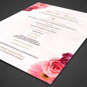 May include: A pink and white floral themed worship service program with the text "Worship Service" at the top. The program lists the order of service, including the title of the sermon, scripture reference, speaker title and name, announcements, and closing prayer.