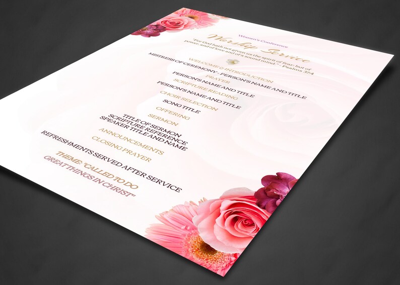 May include: A pink and white floral themed worship service program with the text "Worship Service" at the top. The program lists the order of service, including the title of the sermon, scripture reference, speaker title and name, announcements, and closing prayer.