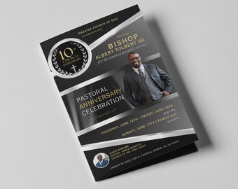 May include: A black and silver flyer announcing a 10th Church Anniversary celebration for Bishop Albert Tolbert Sr. The flyer features a photo of the Bishop in a suit and tie. The event will take place on Thursday, June 14th through Sunday, June 17th at Greater Church of God, 1234 S. Faithful Avenue, CA, LA 91234.