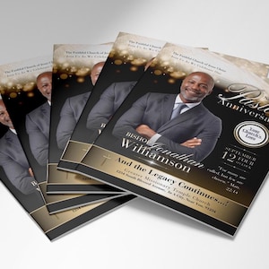 Canva Church Anniversary Program Template | Great Golden | Size: 17x11 Fold to 8.5x11 | 8 Page Booklet | Pastor Event Gold Black