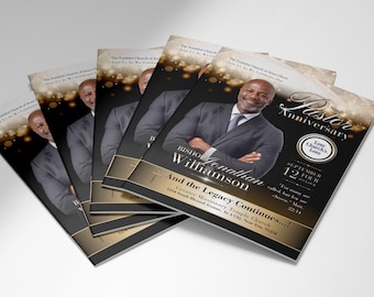 May include: A stack of flyers for the Ninth Pastor Anniversary. The flyers feature a photo of Bishop Jonathan Williamson in a suit, with gold and black accents. Text includes "And the Legacy Continues..."