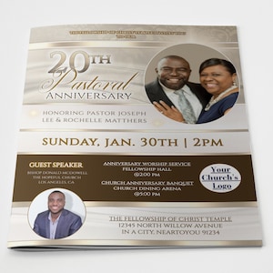 CORJL Pastor Anniversary Program and Flyer Template | Editable | Vintage Cream Gold and Brown | 2 Sizes: 17x11 & 11x8.5 | 8 pages | D100