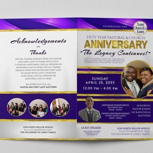 CORJL Church Anniversary Program Template | Pastor Church Anniversary | Editable in Corjl | Purple Striking Gold | Size: 8.5x5.5 | 4 Page