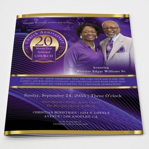 CANVA Pastor Anniversary Program | Pastoral Church Canva Template | Purple & Gold | Size: 11x17 / Fold to 8.5.x11 | 8 page | Booklet | Y300