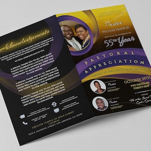 CORJL Church Anniversary Program | Editable Template | Classic Purple and Yellow Gold | Size: 11x8.5 | Bifold | 4 page | Pastor Appreciation