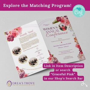 May include: A pink and white floral design with a pink and white floral border. The text "Women's Annual Conference" is in a white box with a pink border. The text "Called to Do Great Things in Christ." is below the box. The date and time of the conference are listed below the text. The text "Church of Jesus Christ Our Lord" is below the date and time. The text "Pastor James Johnson" is below the church name. The text "12345 Worship Blvd, Los Angeles, CA" is below the pastor's name. The text "Link in Item Description or search "Graceful Pink" in our Shop's Search Bar" is in a white box with a pink border. The text "Personalize with Corjl" is in a circle with a gear icon.