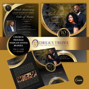 CANVA Church Anniversary Bundle | Program and Flyer | Black & Gold | Canva Template | Editable Color Guide