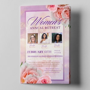 Puede incluir: Un folleto morado y rosa con un diseño floral y el texto "Women's Annual Retreat" en la parte superior. El folleto anuncia un retiro el 12 de febrero en The Church of All Praise & Worship Ministries, ubicada en 1034 South Beloved Avenues, A New City, Near to You 91234. El folleto incluye los nombres y las fotos de tres oradores.