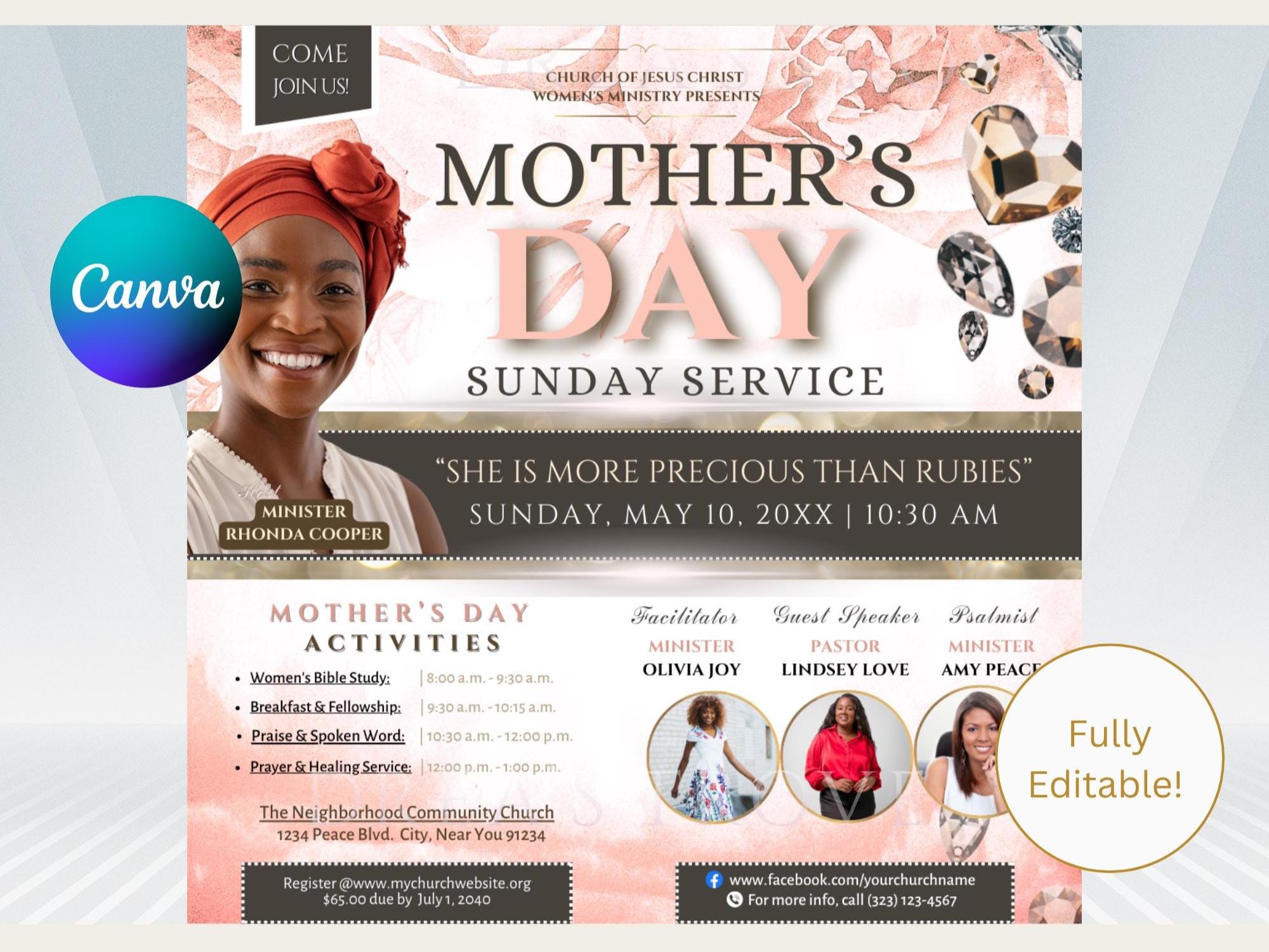 Ruby Flyer Mother's Day Church Flyer Template | Pink Ruby, White Gold (canva) - Etsy