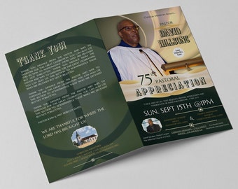 Church Anniversary / Pastor Appreciation Program - Enriched Ivory Gold & Green | Canva Template | 11x8.5 Size | One Sheet Bifold