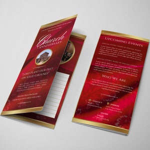CANVA Pastor Anniversary / Church Anniversary Program | Trifold Brochure Template | Editable Download | Ribboned Red | Size: 11x8.5 |