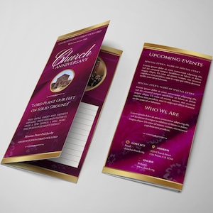 CANVA Church Service Bulletin | Trifold Brochure Template | Editable Download | Ribboned Burgundy Church Program Bulletin | Size: 11x8.5