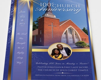 Church / Pastors Anniversary Service Program Template | Editable in Canva | Vintage Royal Blue Gold | Size: 11X17-Folded-8.5x11 | 8 Pgs