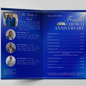 CANVA Pastoral Anniversary Service Brochure | Blue Silver Pastor Appreciation Church Program Template | 11x8.5 Fold 8.5x5.5 | Z500