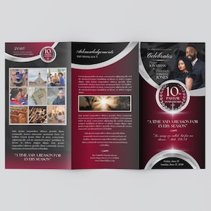Peut inclure: Une brochure tri-pliante avec un design rouge et argenté. La couverture avant présente un cercle argenté avec le chiffre 10 et le texte "Pastor Anniversary". La couverture arrière présente une photo d'un couple et le texte "Celebrates Pastor Jonathan Jones". L'intérieur de la brochure présente le texte "Acknowledgements" et "A Time and a Reason for Every Season".
