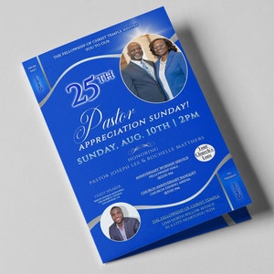 May include: A blue and silver invitation for a 25th Pastor Appreciation Sunday. The invitation features a photo of a couple, the text "25th Pastor Appreciation Sunday! Sunday, Aug. 10th | 2PM", and the names "Pastor Joseph Lee & Rochelle Matthers".