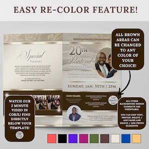 May include: A brown and gold invitation for a 20th Pastoral Anniversary. The invitation features a photo of a couple, the text "20th Pastoral Anniversary", and the date "Sunday, Jan. 30th | 2PM". The invitation also includes a section for a guest speaker, a section for the anniversary worship service, and a section for the church anniversary banquet. The invitation is decorated with a gold and brown pattern.