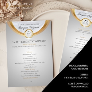 CANVA Church Program Table Plate Card | Editable Banquet Gala Menu | Size 5x7, 4x9 | Silver White Gold Template | Anniversary Ministry Event