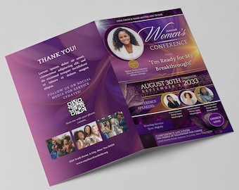 May include: Purple and gold brochure with a butterfly design. The brochure advertises a Women's Conference with the theme "I'm Ready for My Breakthrough!" The conference will take place from August 30th to September 2nd, 2033. The brochure includes a church logo and contact information.