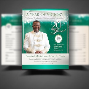 May include: A flyer for a church's 20th anniversary celebration. It features a man in a white and gold outfit. Text includes "A Year of Victory!" and "Devoted Ministries of God In Christ." The date is January 15th.