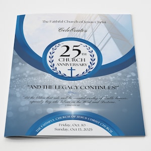 CANVA Church Anniversary Program | Canva Template | Silver White & Blue | Size: 11x17 / Folds to 8.5.x11 | 8 page Booklet