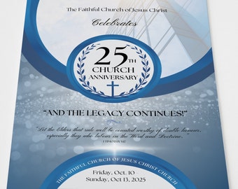 Church Anniversary Program | Canva Template | Silver White & Blue | Size: 11x17 / Folds to 8.5.x11 | 8 page Booklet