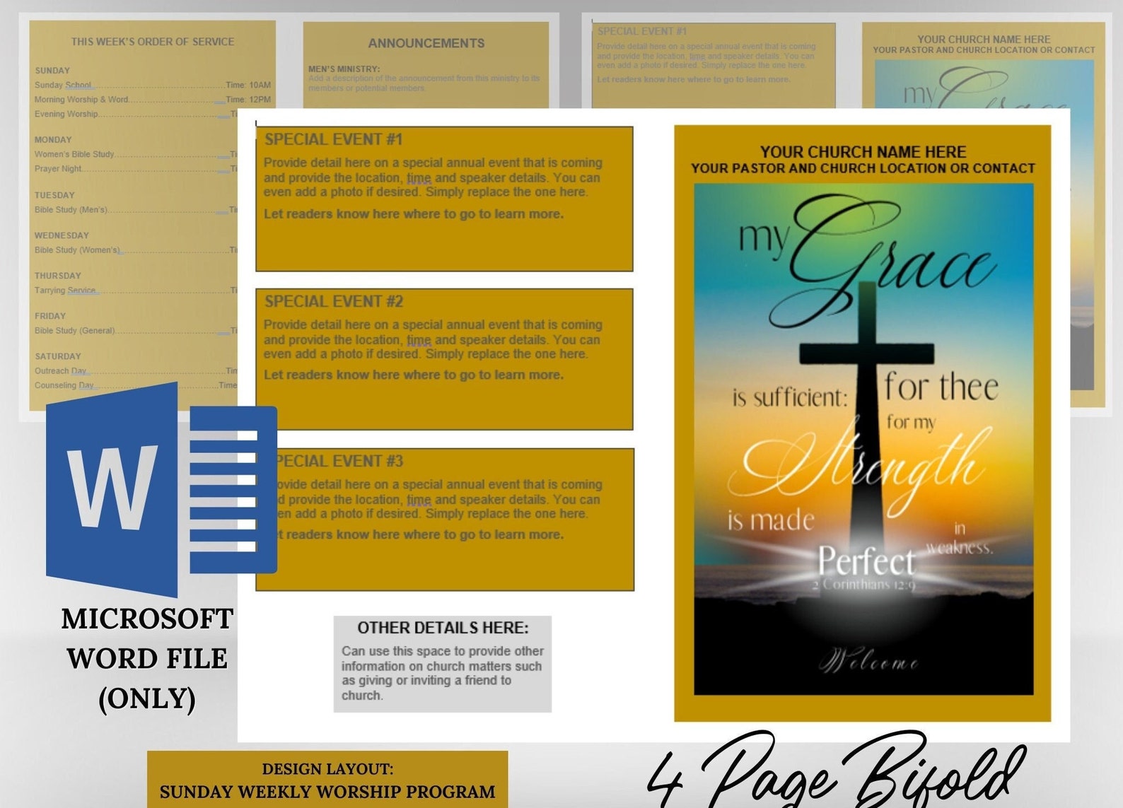 Editable Church Bulletin Template 4 Pages microsoft Word Etsy