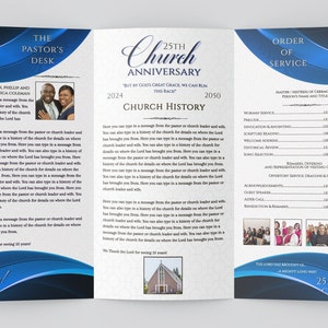 May include: A blue and white church anniversary program with a photo of a couple on the front cover. The program includes a church history, order of service, and a message from the pastor. The program is for the 25th anniversary of the church.