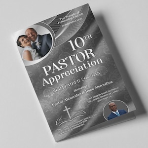 May include: Black and white image of a church flyer announcing a 10th Pastor Appreciation event. The flyer features a photo of a couple, a cross, and the text "The Temple of Fellowship Church celebrates our 10th Pastor Appreciation September 20, 20XX Honoring Pastor Alexander & Rose Alemedina Guest Speaker James Patterson The Loving Church of Christ Monterey, CA"