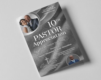 Può includere: Immagine in bianco e nero di un volantino della chiesa che annuncia un evento di apprezzamento del pastore del 10° anniversario. Il volantino presenta una foto di una coppia, una croce e il testo "The Temple of Fellowship Church celebrates our 10th Pastor Appreciation September 20, 20XX Honoring Pastor Alexander & Rose Alemedina Guest Speaker James Patterson The Loving Church of Christ Monterey, CA"